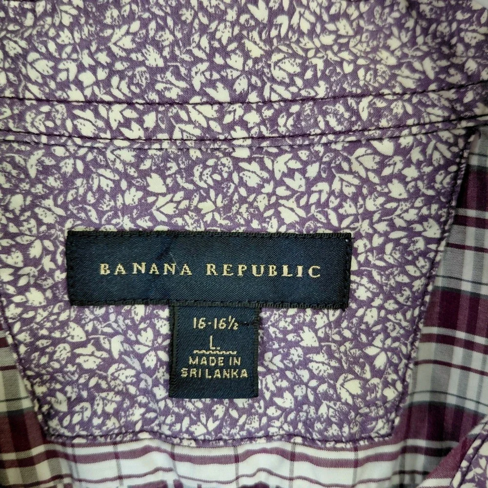 Banana Republic Mens Large Purple Plaid Short Sleeve Button Down Shirt 16-16.5